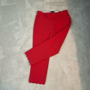 J crew red pant with scalloped detail at the ankle